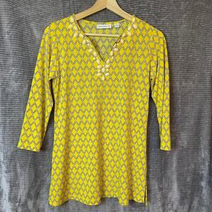 Susan Graver Liquid Knit Sunny Yellow Top Size XXS Jeweled V Neck 3/4 Sleeve